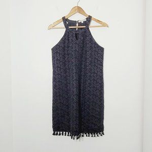 Joy Joy Black Coquette Dress Cotton Sleeveless Embroidered Daisy Bottom Fringe